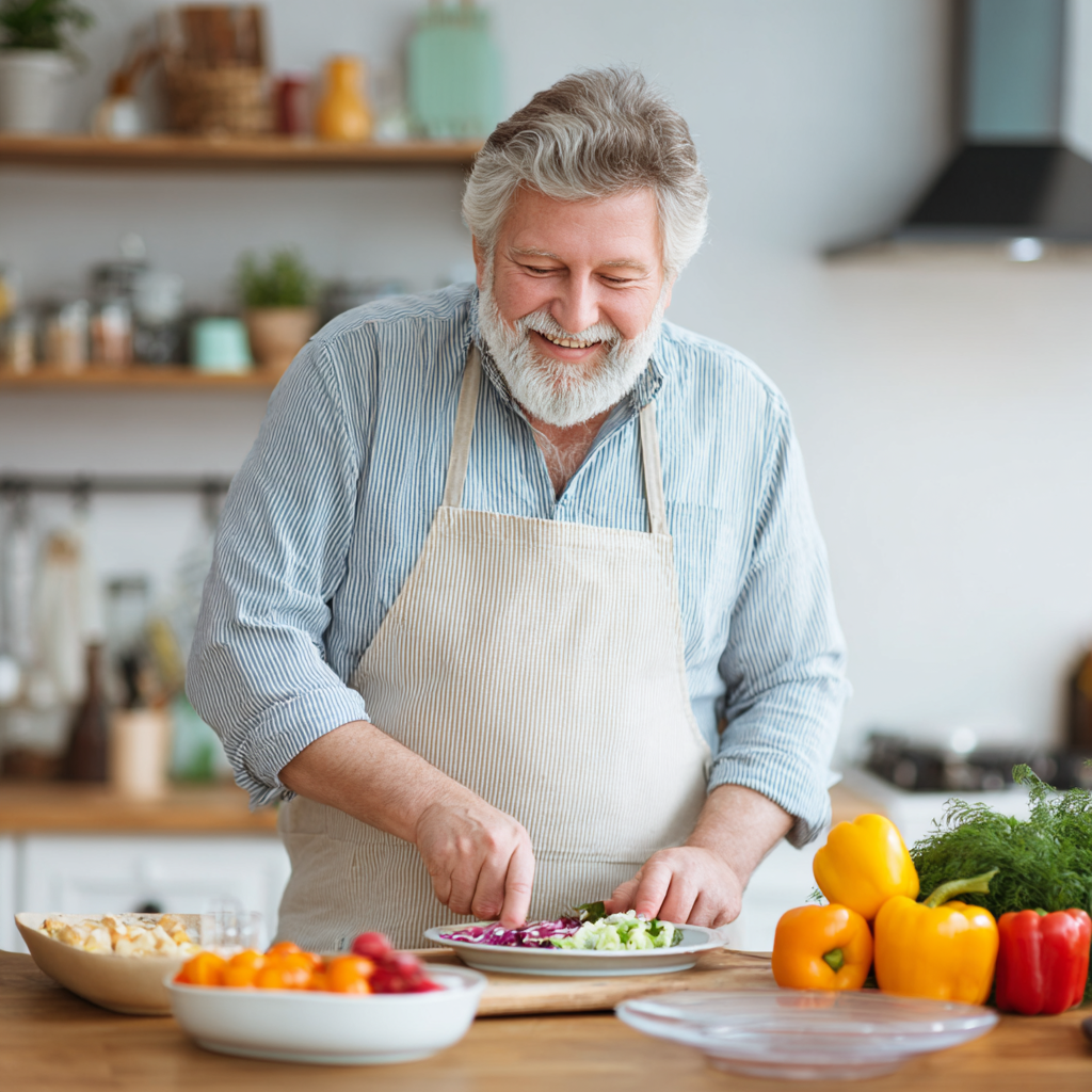 Happy middle-aged Ukrainian woman preparing a nutritious meal in a bright kitchen, smiling while chopping fresh vegetables