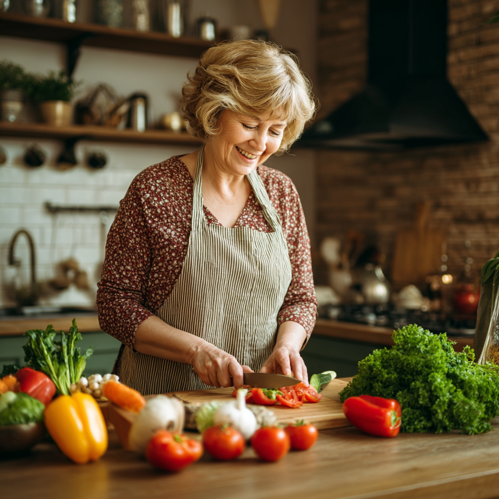 Professional Ukrainian woman in her 40s eating a healthy lunch salad at her office desk, smiling and looking energetic during work break